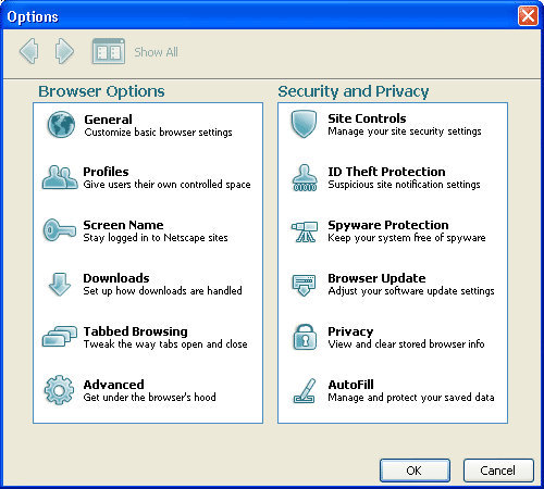 Панель настроек Netscape 8.1