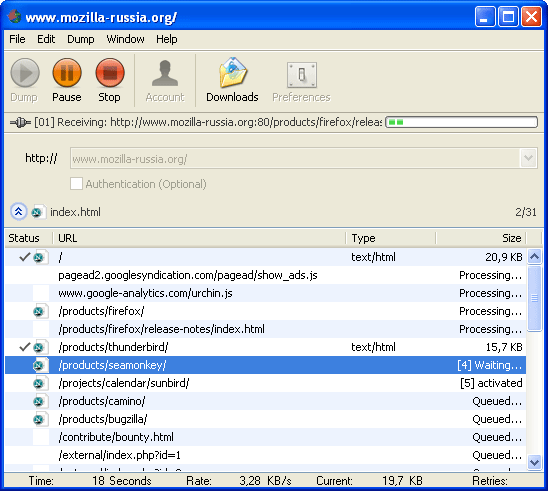 Главное окно Web Dumper