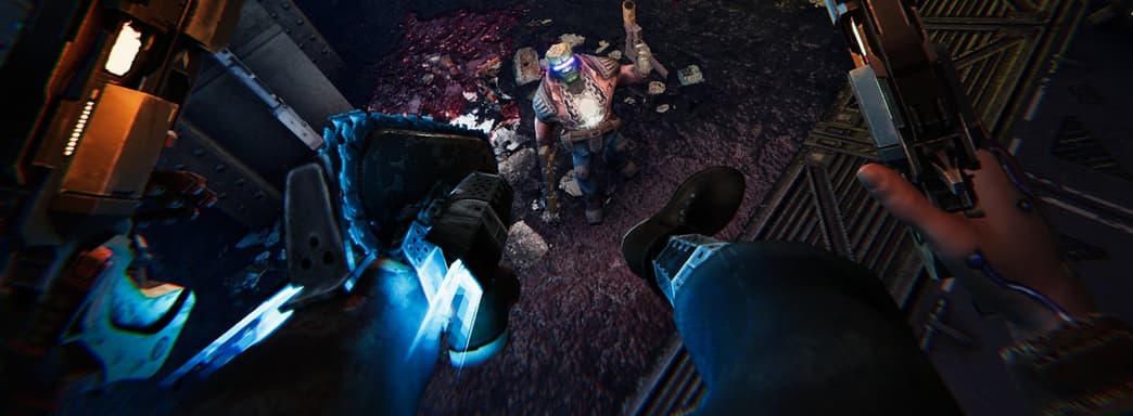 Игровой процесс киберпанк-боевика Turbo Overkill в духе DOOM и Quake с ногой-бензопилой у главного героя