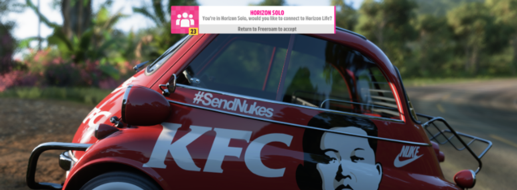 Игрока в Forza Horizon 5 забанили на 8000 лет. На машине был Ким Чен Ын и надпись «SendNukes»