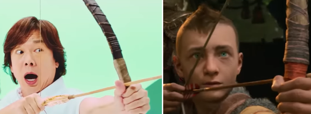 Японская реклама God of War Ragnarok. Мужчины веселятся, а Кратос стабильно хмурый