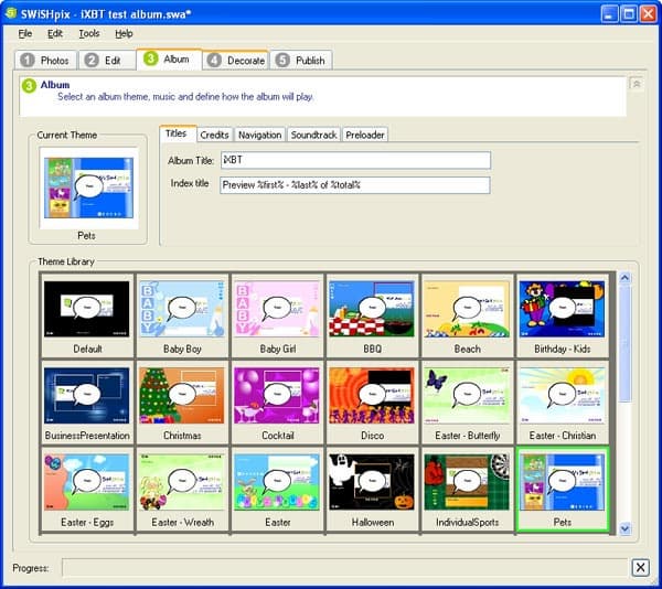 Выбор оформления альбома в проекте SWiSH Pix