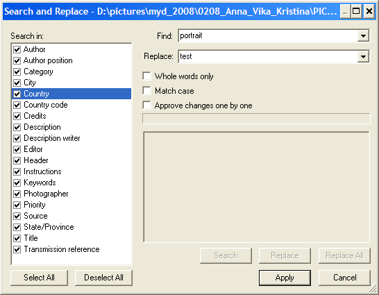Поиск и замена текста в описаниях фотографий с помощью Zoner Photo Studio