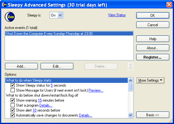 Рабочее окно Sleepy