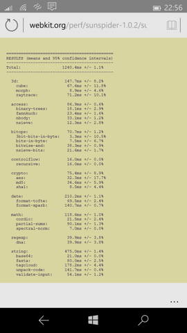 Предварительный обзор Windows 10 Mobile. Скриншоты. SunSpider
