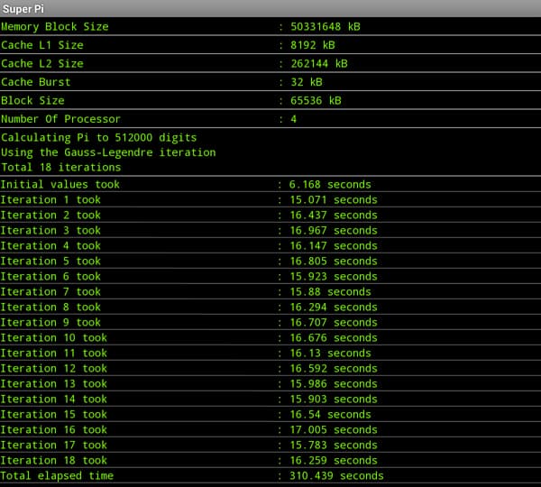 Результаты теста Super Pi на планшете Acer Iconia Tab A701