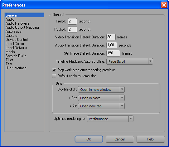 Настройки Adobe Premiere CS3, раздел General