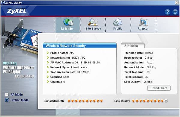 Рис.17 Работа PCI Wireless адаптера Zyxel G-320H