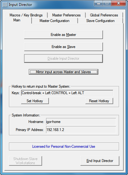 На каждом компьютере с Input Director должен быть настроен главный либо подчиненный режим
