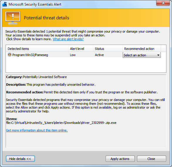Папка зоны остается прозрачной для антивирусов