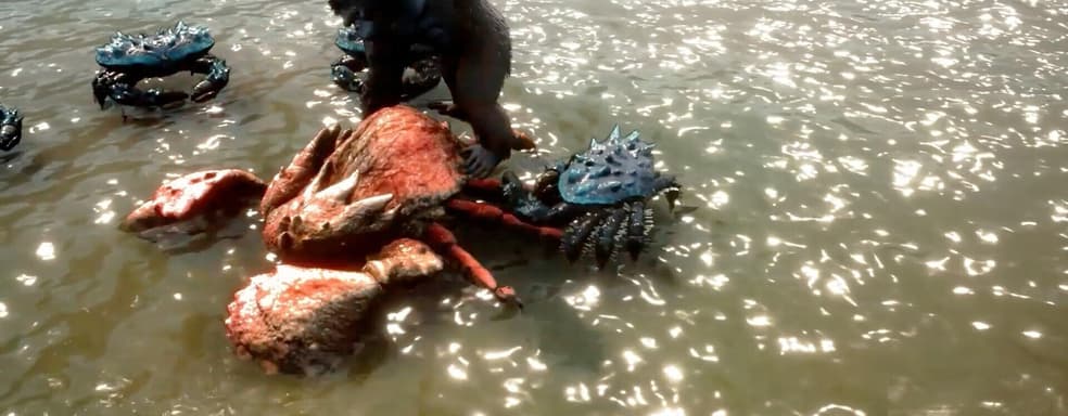 Screenshots of the new King Kong game leaked online, showing the giant ape beating up crabs