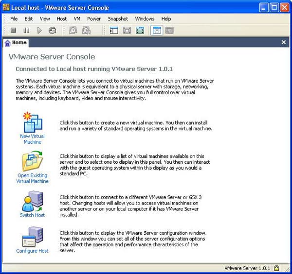 Окно консоли управления виртуальными машинами