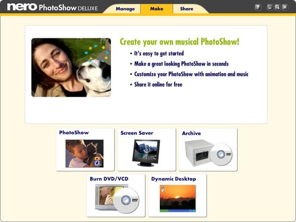 Список вариантов создания и использования слайд-шоу в Nero PhotoShow Deluxe
