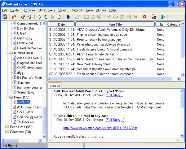 Рабочее окно BottomFeeder