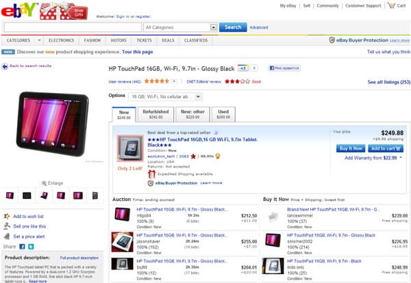 HP TouchPad на eBay