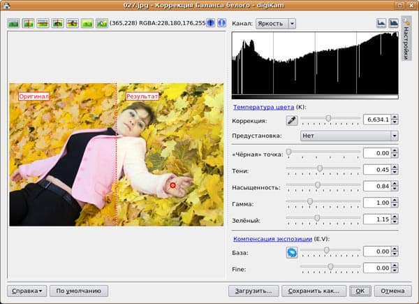 Настройка баланса белого в редакторе изображений DigiKam