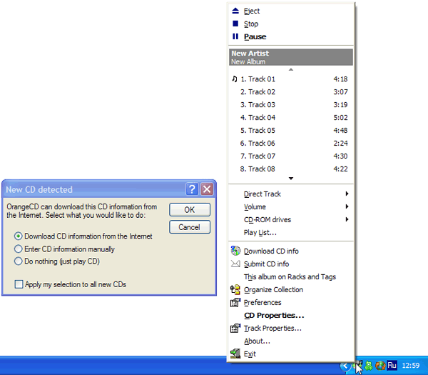 Контекстное меню OrangeCD Player и окно обнаружения нового диска