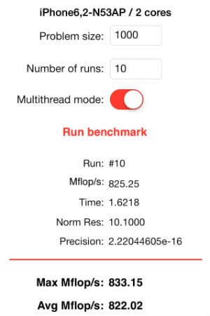 Результаты теста Linpack на iPhone 5s