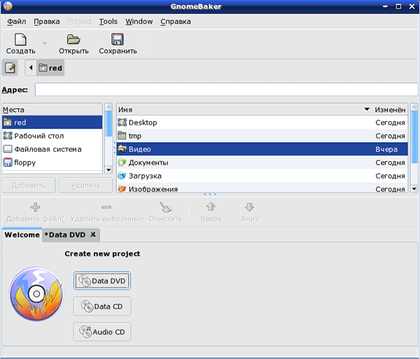 Рабочее окно GnomeBaker