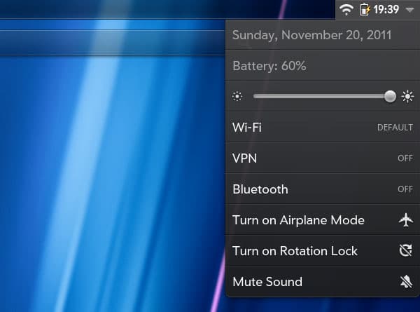 Вспомогательное меню на планшете HP TouchPad