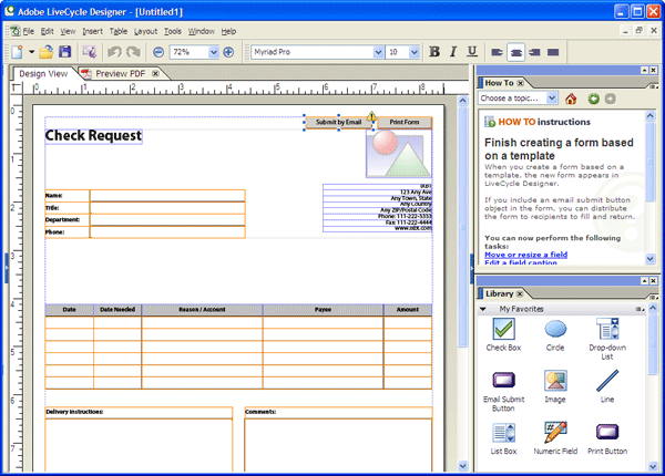 Рабочее окно Adobe LiveCycle Designer, компонента Adobe Acrobat Professional