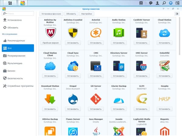 Веб-интерфейс Synology DS415+