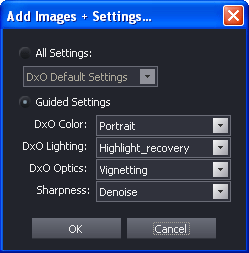Применение сюжетных установок при добавлении фотографий в проект DxO Optics