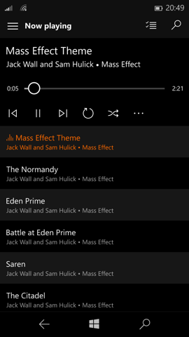 Предварительный обзор Windows 10 Mobile. Скриншоты. Аудиоплеер