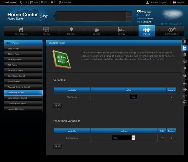 Интерфейс настройки Fibaro Home Center Lite