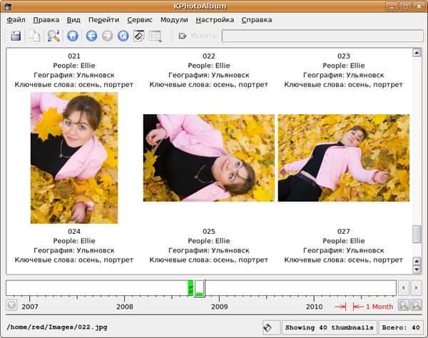 Режим миниатюр KPhotoAlbum