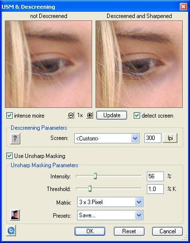 Повышение резкости в SilverFast DCPro с помощью метода USM & Desceening