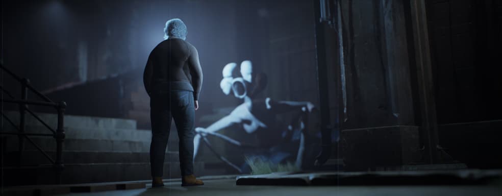 Grandpa Roman hits a crab-woman with an axe in the gameplay trailer for the horror game Post Trauma
