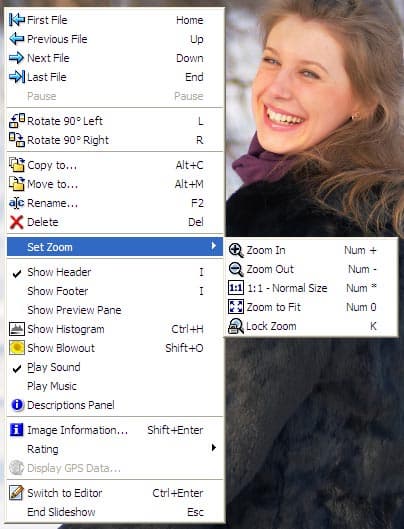 Контекстное меню слайд-шоу Zoner Photo Studio