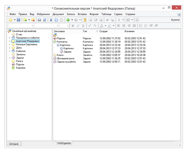 Интерфейс WinOrganizer