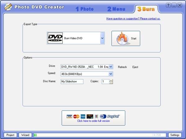 Подготовка к записи оптического носителя в Photo DVD Creator