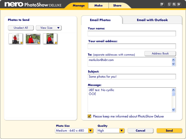 Отправка фотографий по электронной почте в Nero PhotoShow Deluxe