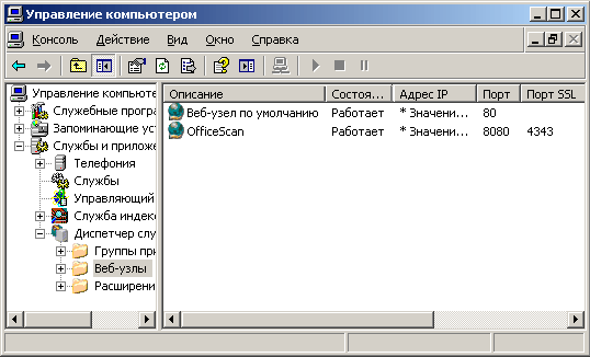 Новый узел OfficeScan в оснастке управления IIS