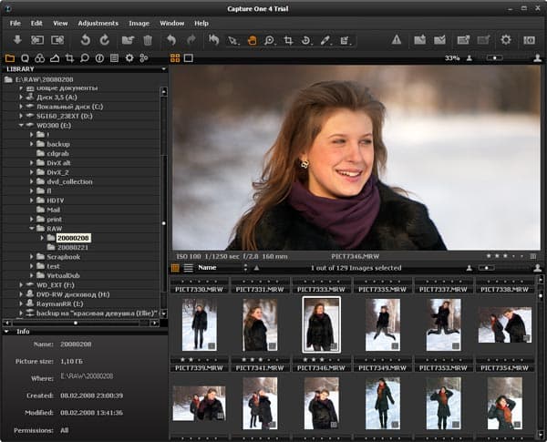 Библиотека Capture One 4, показ фотографий в виде миниатюр