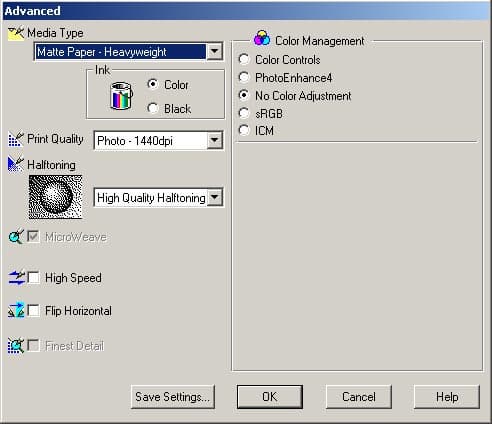 Настройки драйвера принтера для печати с профилем
