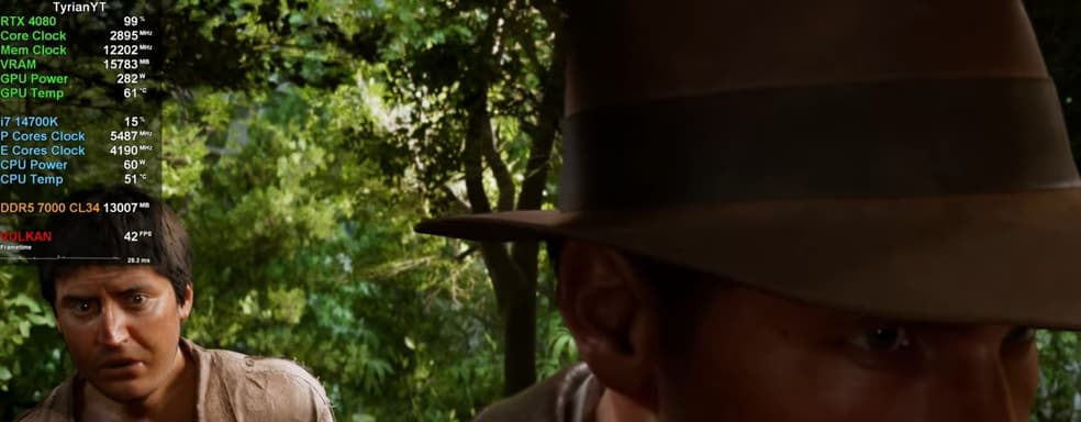 RTX 4080 не справляется. За фотографическим качеством Indiana Jones стоят требования к видеокарте — тестирование в 4K с трассировкой пути