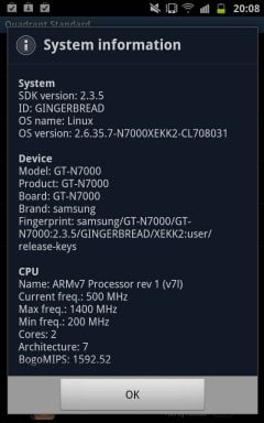 Galaxy Note, информация о системе
