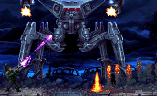 Gameplay of retro action game Terminator 2D No Fate with battles in the future shown