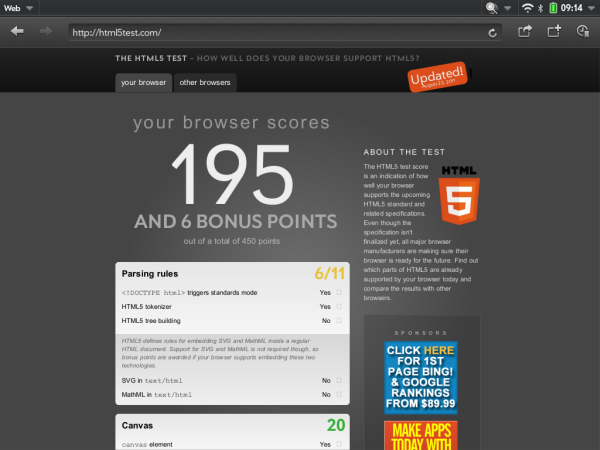 Встроенный браузер поддерживает HTML5