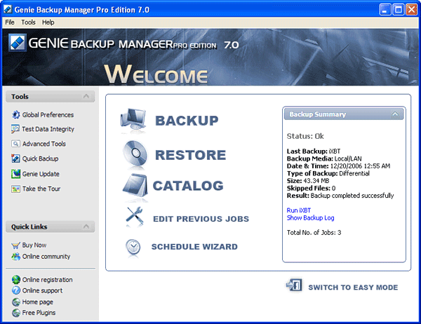 Рабочее окно Genie Backup Manager Pro