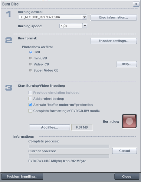 Запись оптического диска в PhotoStory on CD & DVD