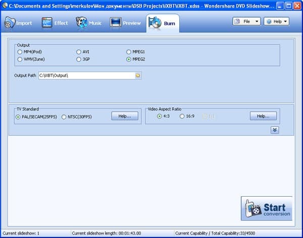 Опции создания видео и прожига оптического носителя в Wondershare DVD Slideshow Builder
