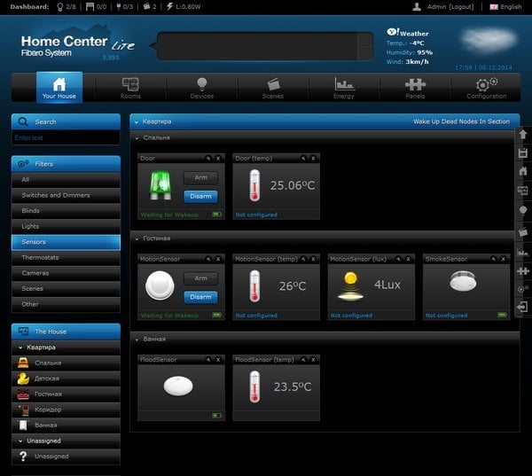 Интерфейс управления Fibaro Home Center Lite