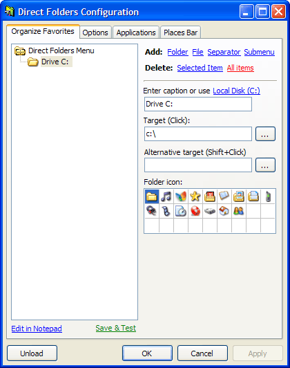 Окно настроек Direct Folders