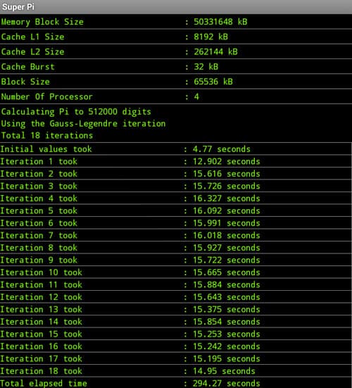 Результаты тестирования Google Nexus 7 в Super Pi