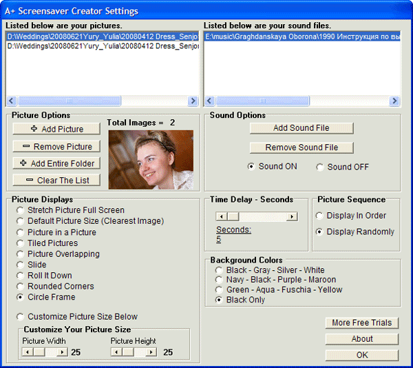 Настройки APlus Screensaver Creator